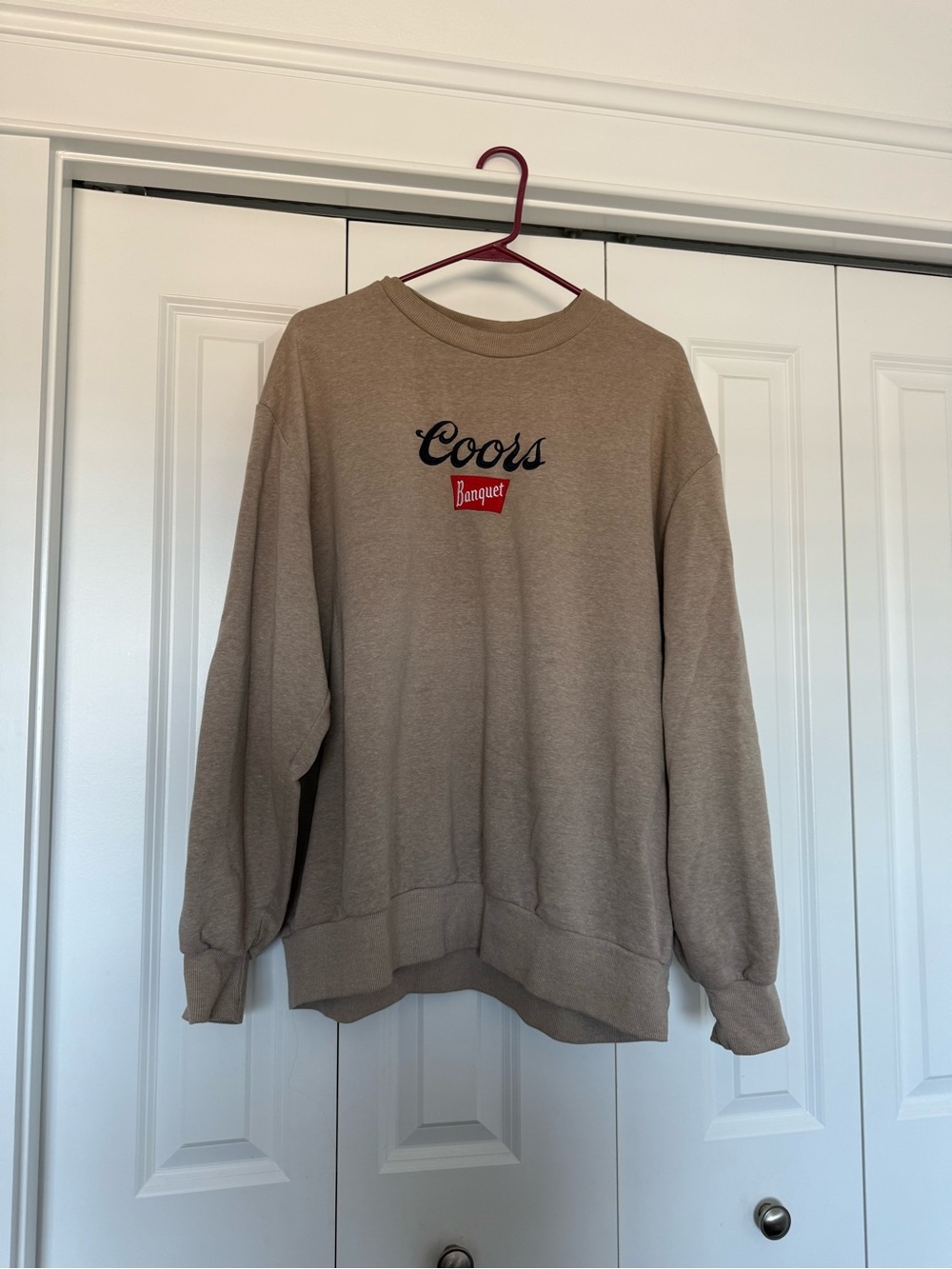 Unisex Coors Banquet Crewneck Sweater in Tan with Red Logo | XL